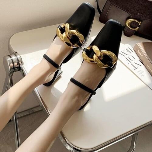 Womens shoes 2021 new square toe metal big chain thick heel high heels Baotou half slippers women summer sandals