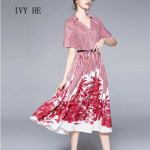 IVY HE 2021 Summer Womens Dress New Pattern With Striped Coconut Print And V-Neck Belt Showing Thin And Elegant Feminine Dress