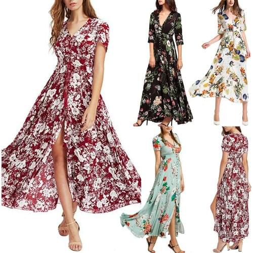Party Beach Bohemian Women Vintage Flower Leaf Print V Neck Big Swing Maxi Dress