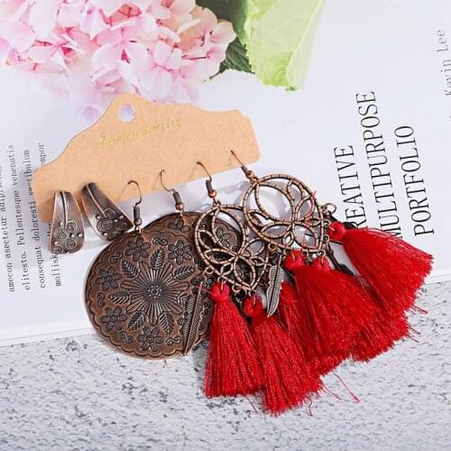 2020 Trendy Bohemian Ethnic Tassel Dangle Earrings For Women 3 Pairs/Set Bronze Carved Earrings Jewelry Fashion Accessories