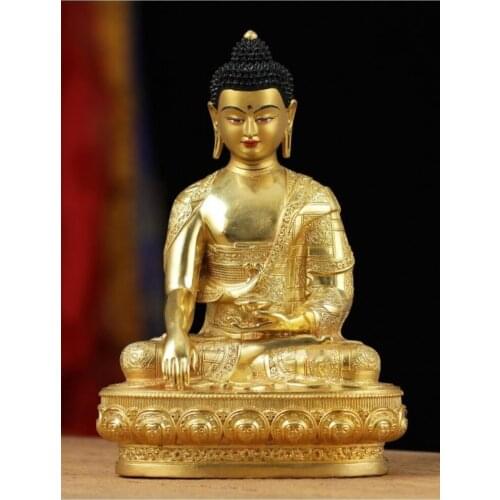 21CM large -High-grade gold gilding Buddha brass statue HOME family effective protection Tibetan Nepal Sakyamuni Buddha statue