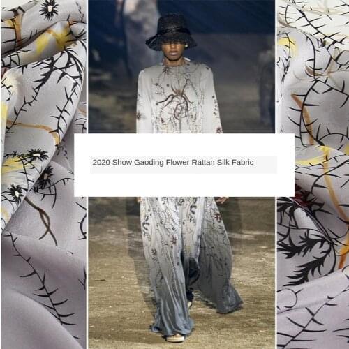 3.8M European and American Brand Mysterious Greyish Black Flower Vine 100% Silk High Fashion Clothing Digital Printing Fabric