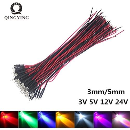 50pcs 3V 5V 12V 24V DC 3mm 5mm Water Clear LED Diodes Red/Green/Blue/Yellow/UV/Orange/Pink/Warm/White/RGB Pre-Wired 20cm Cable