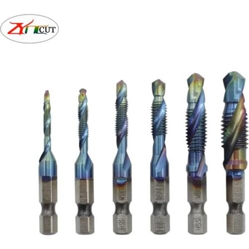 6pcs/set M3 M4 M5 M6 M8 M10 HSSScrew tap Three in one compound tap with hexagon shank for drilling and tapping chamfering