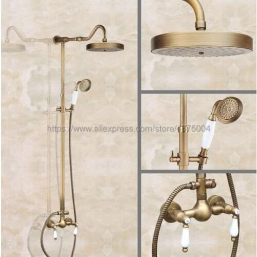 Antique Brass Bathroom Rainfall Shower Faucets Set Double Handle Mixer Tap Wall Mounted Bath Showers Sets Nan519