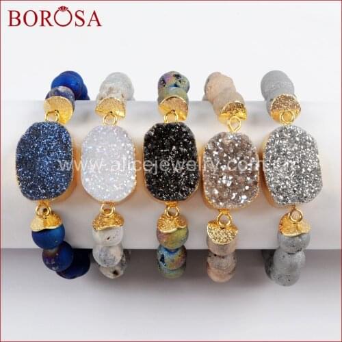 BOROSA 5PCS Gold Color Titanium Druzy Bracelet With 10mm Beads Mixed Colors Bracelet Jewelry Gems Bangle for Women G1536