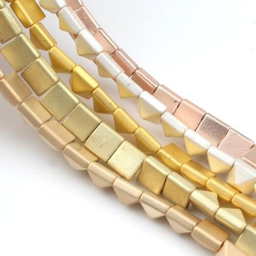 Natural Hematite Beads Matte Gold Plated 6x6x4mm Square Cone Two Hole Loose Spacer Beads for Waist Beads Women Jewelry Making