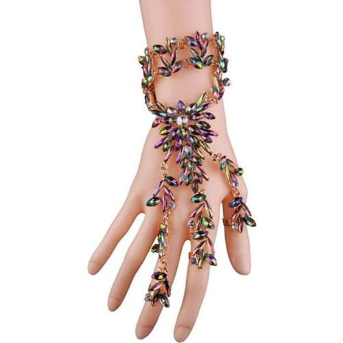 DiLiCa Fashion Bracelet Woman Crystal Flower Cluster Statement Bangle Bracelet Finger Rings Wristband Jewelry Set for Women