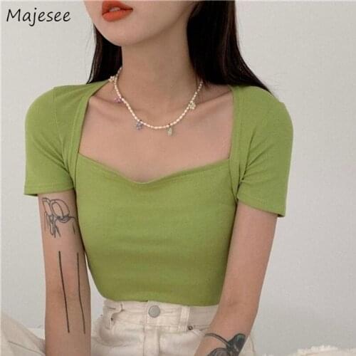 Short Sleeve T-shirts Women Skinny Solid Student Korean Version French Square Collar Minimalist Cropped Elegant Mujer Clothing