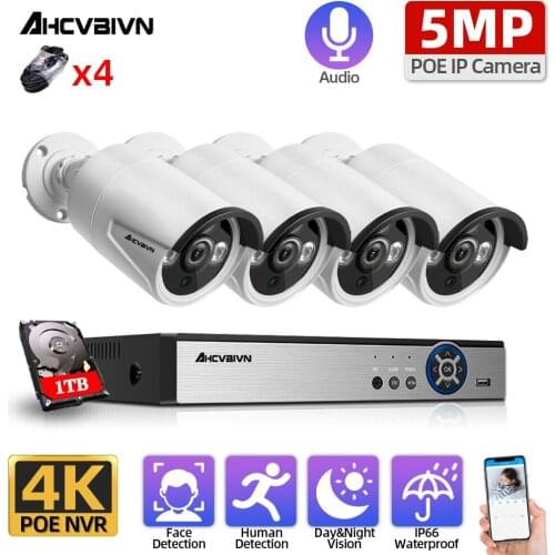 4CH 5MP POE CCTV Security Cameras System NVR Kit Outdoor Waterproof Auido Bullet Camera Video Surveillance System Set 4K Poe Nvr