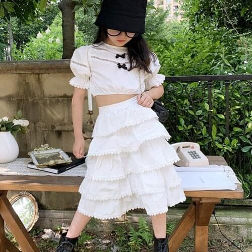 Baby Girl Bow White Cotton Tops Suits Summer Cake Skirt Clothes Set for 2 3 4 5 6 years old