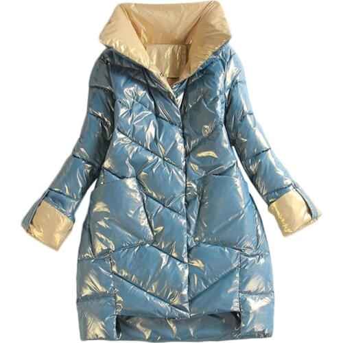 2021 New Winter Bright Face Down Cotton Jacket Womens Warm Cold Outerwear Casual Long Parka Overcoat Chaqueta Algodón Para Mujer