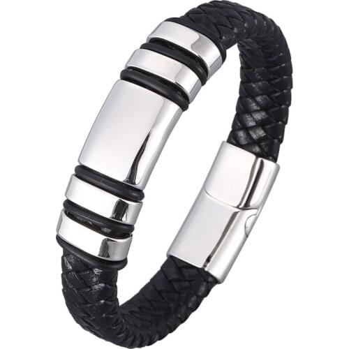 Fashion Mens Jewelry Black Braided Leather Rope Bracelet Magnetic Buckle Bangles Punk Accessories Male Weave Wrist Band PD0986