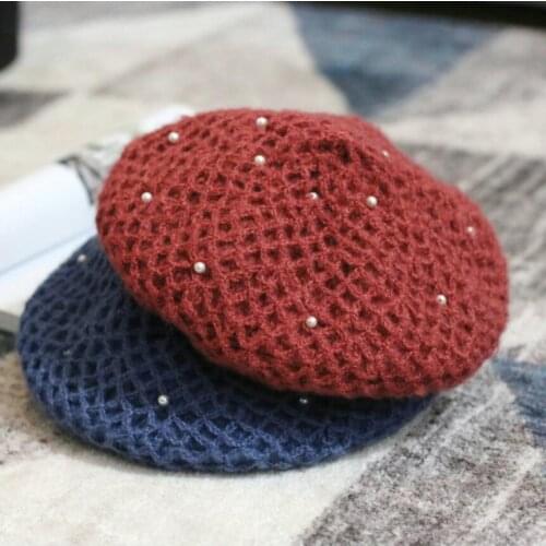 Pearls Mohair Beret for Women Girls White Red Slouchy Hat 2021 New Warm Solid Plain Mustard Handmade Beanie