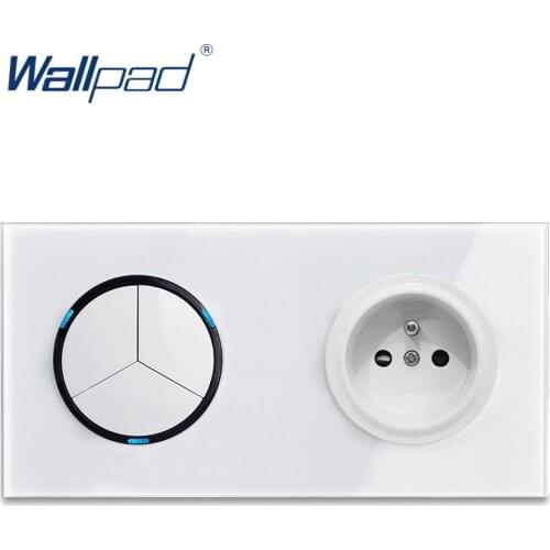 Wallpad L6 White Tempered Glass LED 3 Gang Wall Light Switch With French Electrical Socket Random Click Push Button
