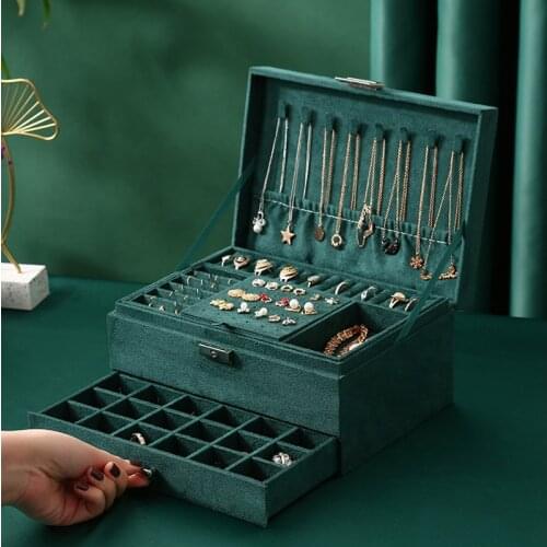 New 3-Layers Green Velvet Jewelry Organizer Large Earring Necklace Makeup Holder Cases Flannel Jewellery Box with Lock for Women