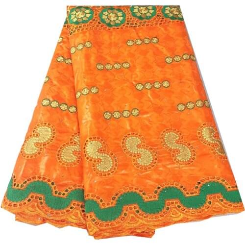 Orange 5yards Bazin Riche Lace Fabric African Embroidery Brode Lace Fabric 2021 High Quality Cotton Lace for Dress YC812-3