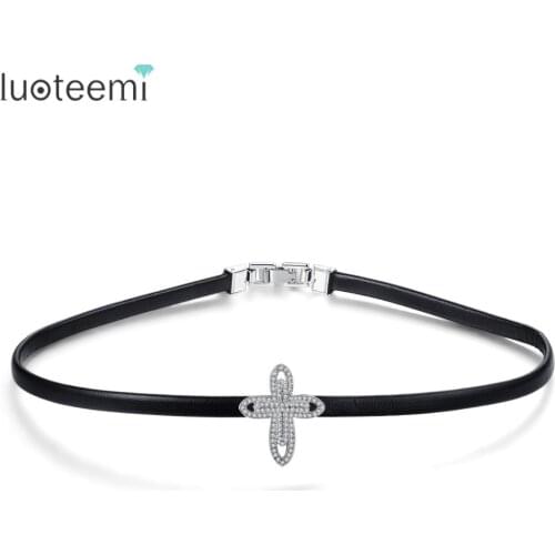 LUOTEEMI Brand Design Cross Necklace For Women Dating Party Shiny CZ Leather Chain Elegant Collares De Moda 2019 Christmas Gift
