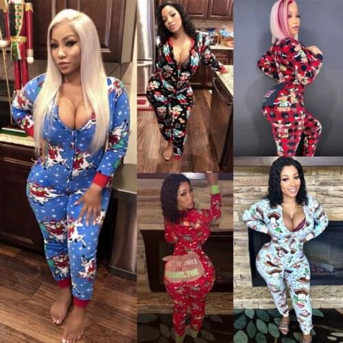 Sexy Women Christmas Cutout Functional Buttoned Flap Adults Pajamas Club Button Design Plunge Lounge fitness winter Jumpsuit