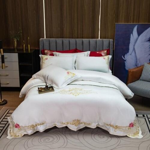 European-Style Luxury Gold Pink Flower Embroidery High-Grade Long-Staple Cotton Bedding set 4pcs Ultra soft bed sheet pillowcase