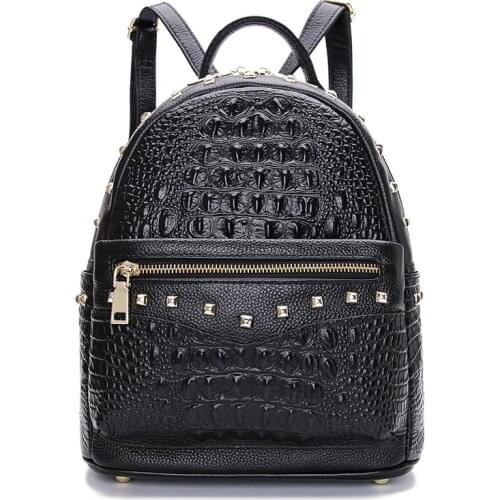 NEW Crocodile Pattern Embossed Genuine Cow Leather Backpack Fashion Gilr Chic Metal Square Studs Decoration Shoulder Bag Bagpack