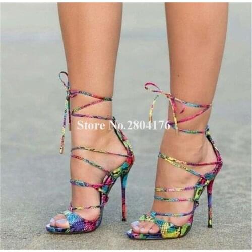 Women High Quality Open Toe Coloried Snake Leather Thin Heel Gladiator Sandals Lace-up Colorful Straps High Heel Sandals