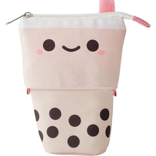 Pen Bag Pearl Milk Tea Print Large Capacity Pen Container Storage Bag for Home School Office Beige