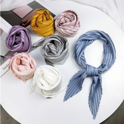 Yishine Pleated Silk Headscarf Solid Pattern Foulard Versatile Wrinkle Scarf Fashion Women Kerchief Neck Bag Decor Scarves New