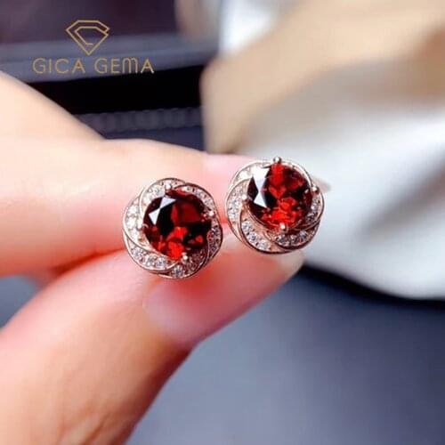 GICA GEMA Genuine Red Garnet Stud Earrings 925 Sterling Silver Earrings for Women Korean Earings Fashion Jewelry