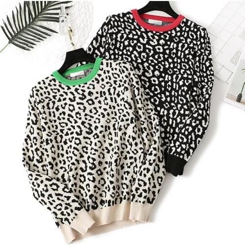 Autumn Winter Womens Sweaters Casual Soft Leopard Print Knitted Pullovers Female Long Sleeve Contrast Color O Neck Warm Jumpers