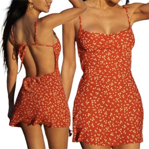 Womens Floral Print Mini Dress, Sexy Sleeveless Spaghetti Strap Self-Tie Backless Cami Dress