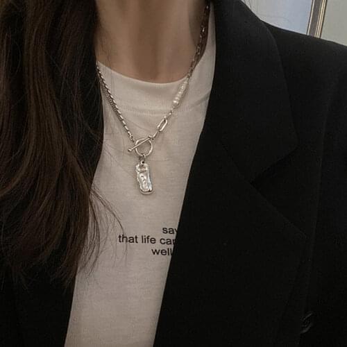 ANENJERY 925 Sterling Silver Irregular Pearl OT Buckle Necklaces for Women Temperament Korean Hot Niche Design Accessories