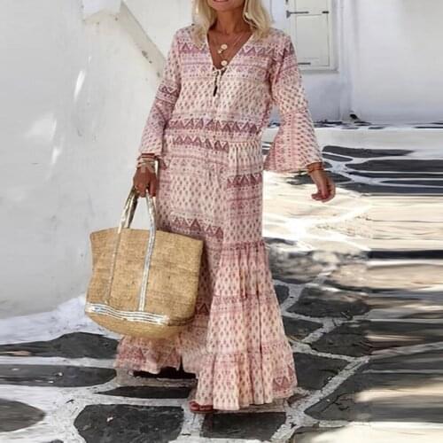 Women Chic Retro Floral Print Boho Dress 2021 Spring 3/4 Flare Sleeve Ruffle Maxi Dress Summer V Neck Button Beach Holiday Dress