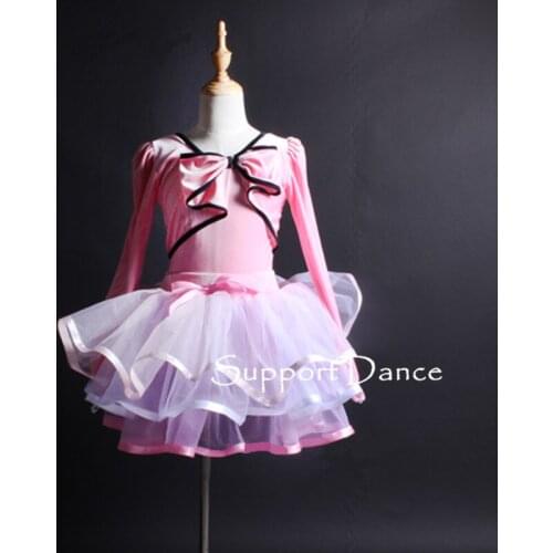 Girls 2-piece Velvet Bow Ballet Tutu Dress Women Pink Long Sleeve Performance Costume Support Dance C325