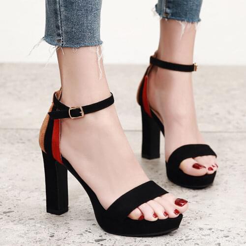Summer New Ladies Sandals One-word Buckle Strap Color Matching Suede Platform Thick Heel Sandals Women Open Toe Sandals SZ 34-39