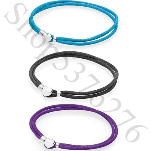 Authentic 925 Sterling Silver Moments Fabric Cord Heart Fashion Bracelet Fit Pandora Women Bead Charm Bangle Gift DIY Jewelry