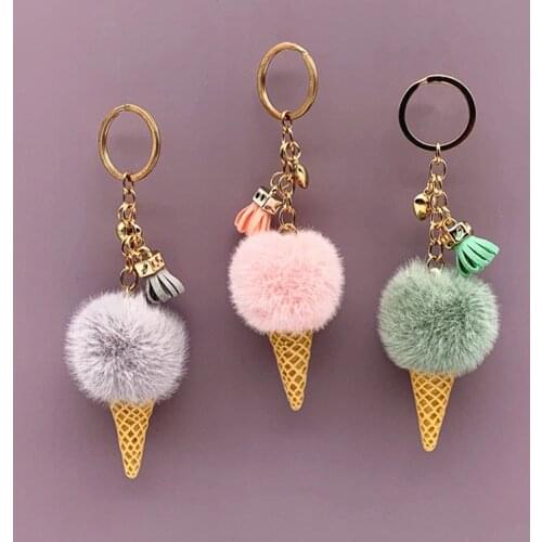 Ice Cream Keychain Soft Artificial Rex Rabbit Hair Ball Keyring Porte Clef Pompom De Fourrure Women Shoulder Bag Car PendantGift