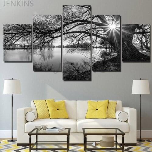 Black white ArtSailing HD printed painting tree river canvas wall art 5 piece Painting posters for living room decor Jenkins