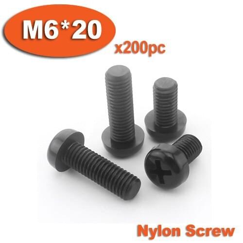200pcs DIN7985 M6 x 20 Black Plastic Nylon Pan Head Phillips Screw Cross Recessed Raised Cheese Head Screws
