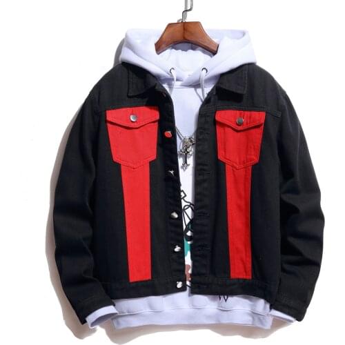 New Mens Male Casual Patchwork Letters Printed Red Black Denim Jacket Loose Rose Painyed Turn Down Collar Jean Coat Outerwear