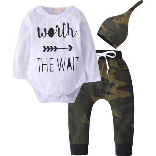Camouflage Tops+Pants+Hat 3pcs Baby Boy Clothes Set Cotton Baby Clothing Letter print Long sleeve Newborn baby boys Outfits