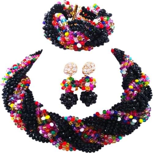 Beautiful black and multicolors african beads jewelry set 12 rows crystal bead plait costume necklace