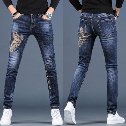 Summer mens embroidered jeans mens pants fashion slim pants