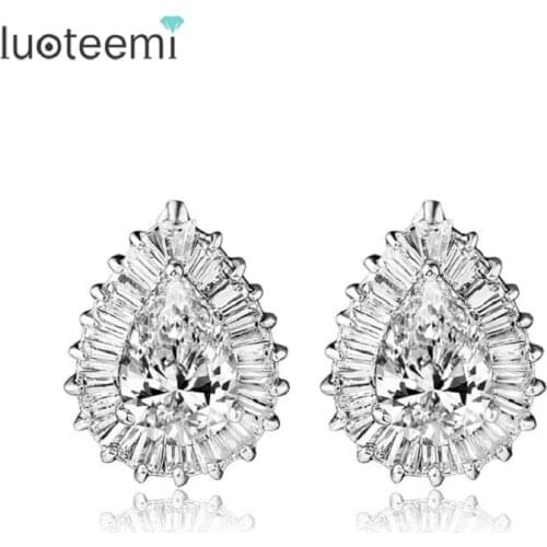 LUOTEEMI Jewelry AAA White Cubic Zirconia Water Drop Shape Stud Earrings for Birde Weddings Factory Direct Sale