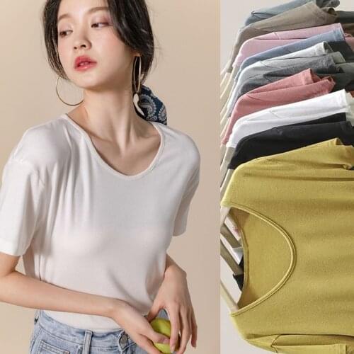 Modal Cotton Ice Silk Short Sleeve Tees Thin Cool Loose Plus Size Womens Shirts For Summer 2021 Solid Basic White Low Collar