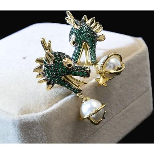 CINDY XIANG Dragon Head Animal Pearl Drop Earring Personality Green Cubic Zircon Punk Stud Earring For Men Hip Hop Ear Gifts