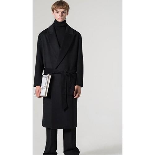 Mens woolen coat loose, belt, simple, minimalist, European and American style, British style, mid-length, thick