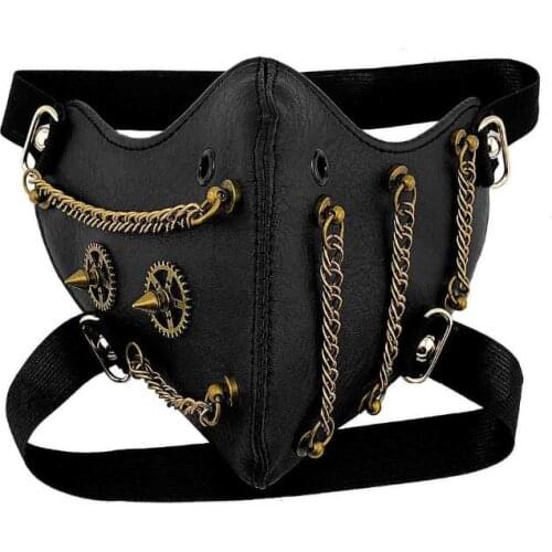 New Steampunk Gears Chain Mask Vintage Gothic Biker Punk Maskque Cosplay Halloween Mask PU Leather