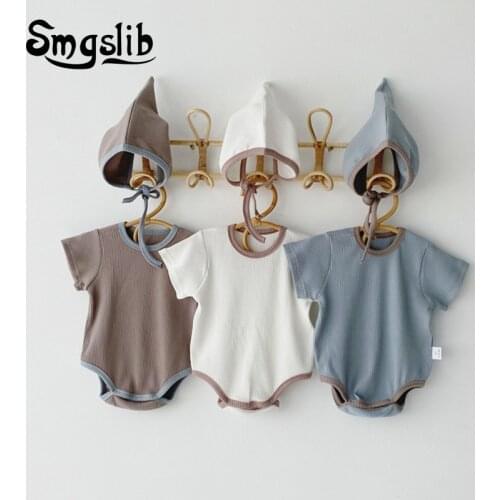 SMGSLIB Newborn Infant Baby Boys Girls Pure Color Rompers Clothing Summer Kids Boy Girl Short Sleeve Rompers Clothes And Hat