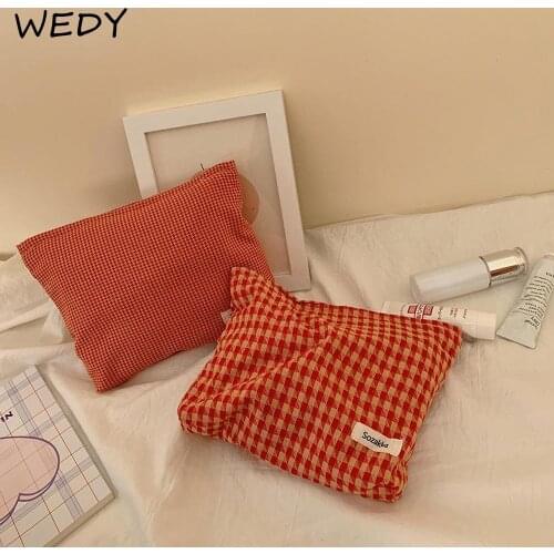 Orange Red Plaid Cosmetic Storage Bag Cotton Fabric Make Up Bag Organizer Women Travel Toiletry Bags Cosmetic Pouch Lady Clutch